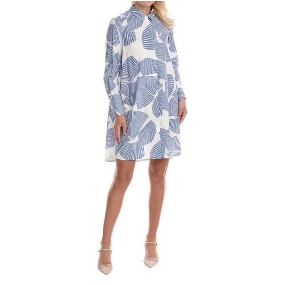 Paule Ka Blue White Floral Printed Long Sleeve Shirt Dress Size 40